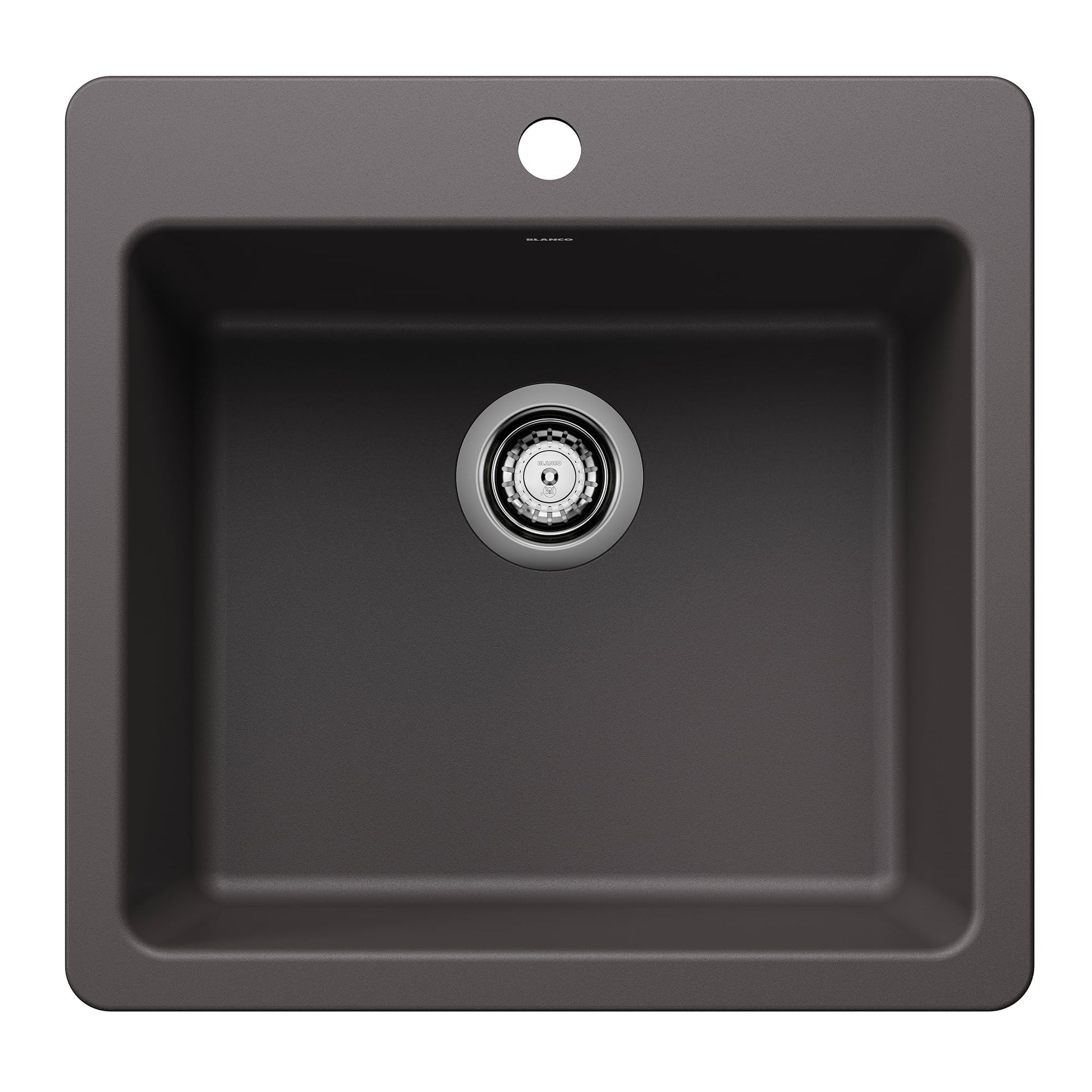Cinder-colored single bowl sink with chrome drain strainer and faucet hole, shown from above.