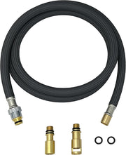 Black braided hose assembly with metal connectors and brass adapter components included.