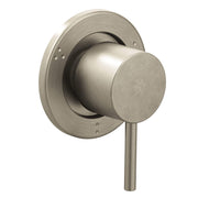 Brushed nickel shower valve trim with round escutcheon plate and single lever handle.