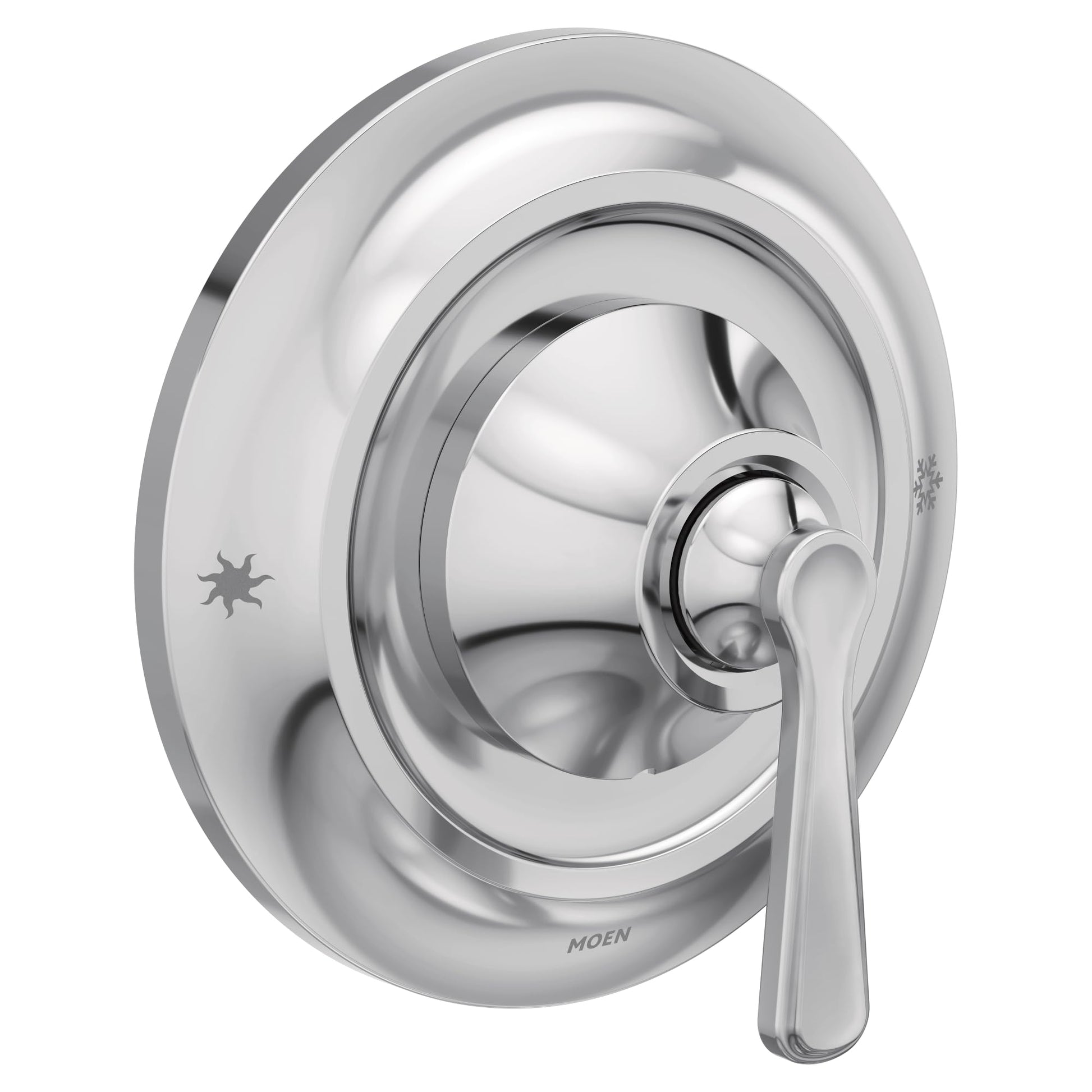 Chrome single-handle shower valve trim kit with oval escutcheon plate and lever handle.