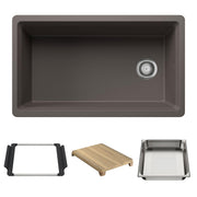 Volcano gray single-basin kitchen sink with drain and included accessories: mounting frame, wooden cutting board, and stainle