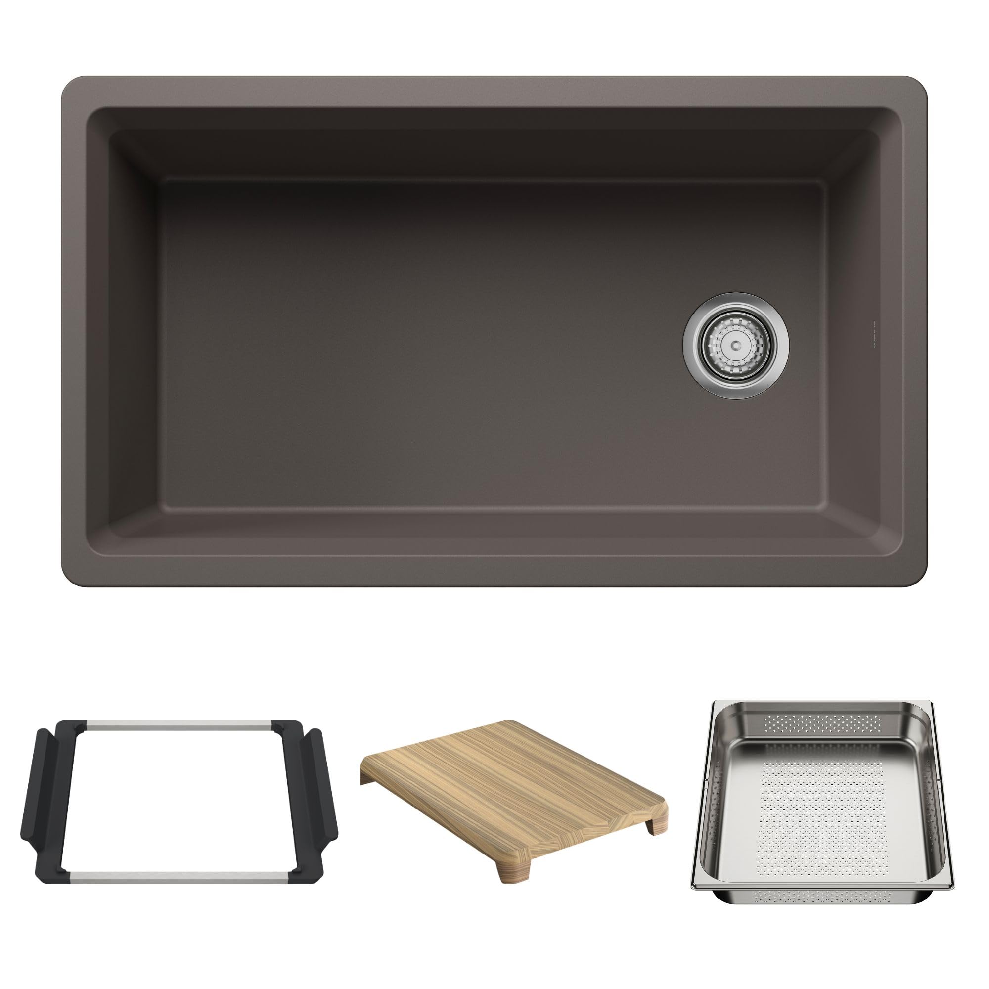 Volcano gray single-basin kitchen sink with drain and included accessories: mounting frame, wooden cutting board, and stainle