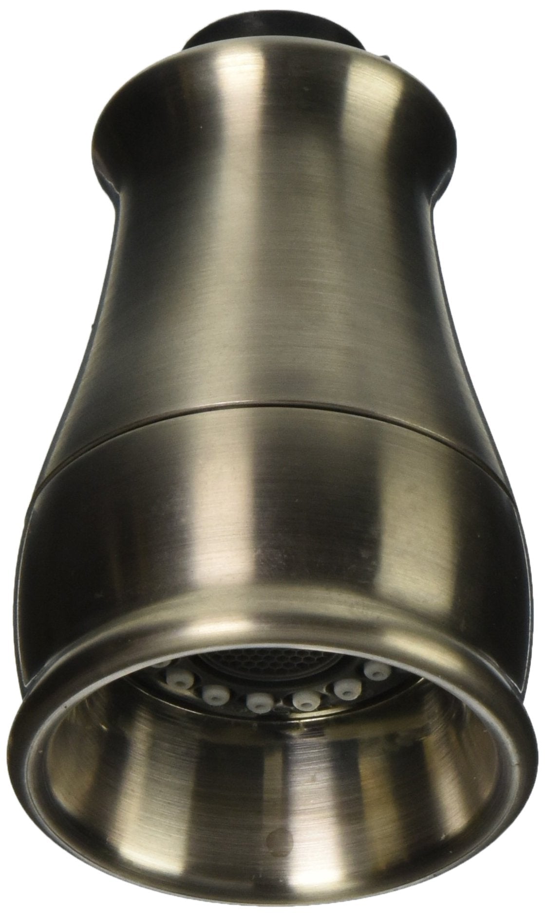 Stainless steel pull-down kitchen faucet spray head with black rubber grip and multiple spray holes visible at the nozzle.