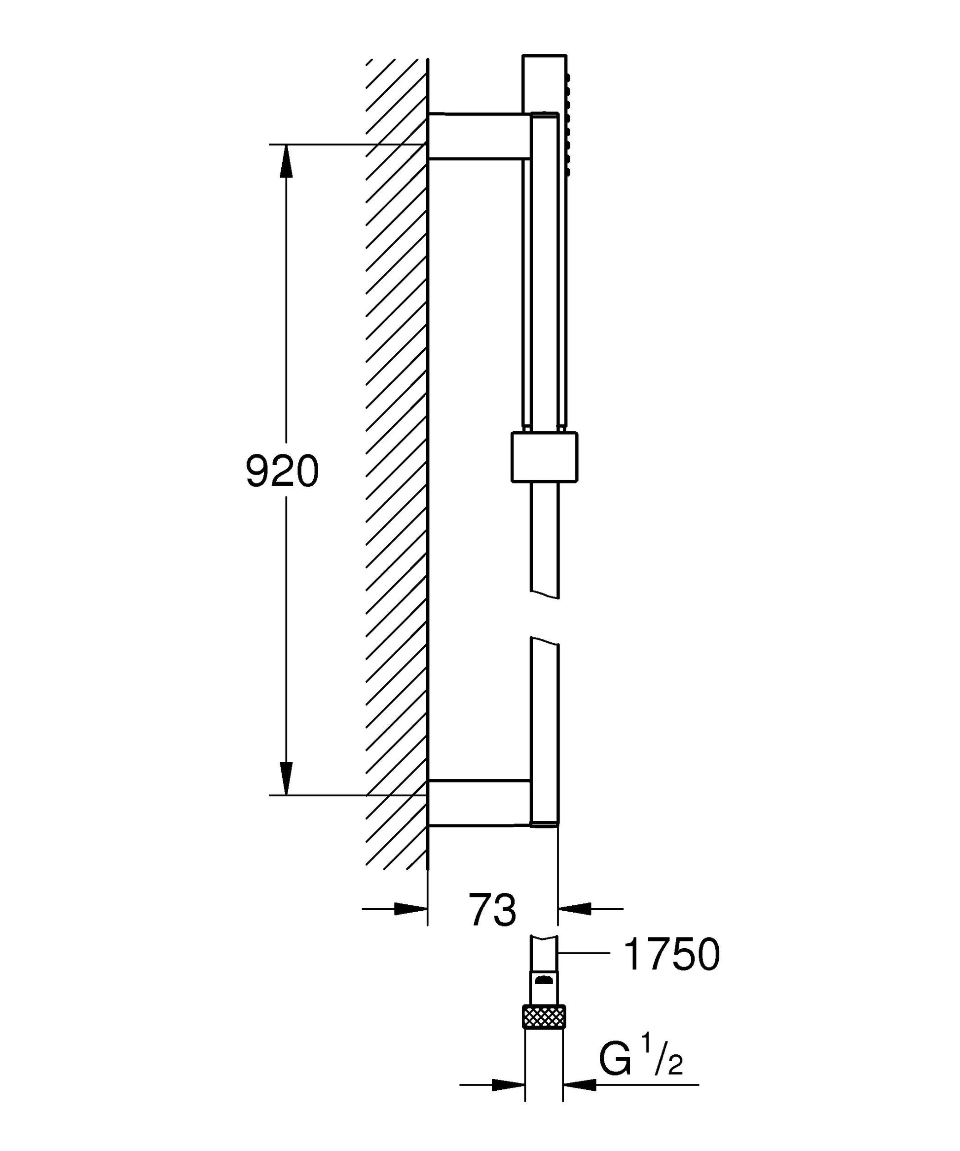 Technical diagram showing Grohe Euphoria Cube+ shower bar dimensions with wall mounting bracket and handheld holder attachmen