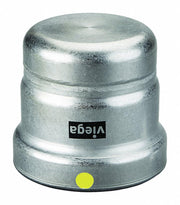 Silver zinc-nickel coated press end cap with rounded dome top, Viega brand label, and yellow indicator dot.