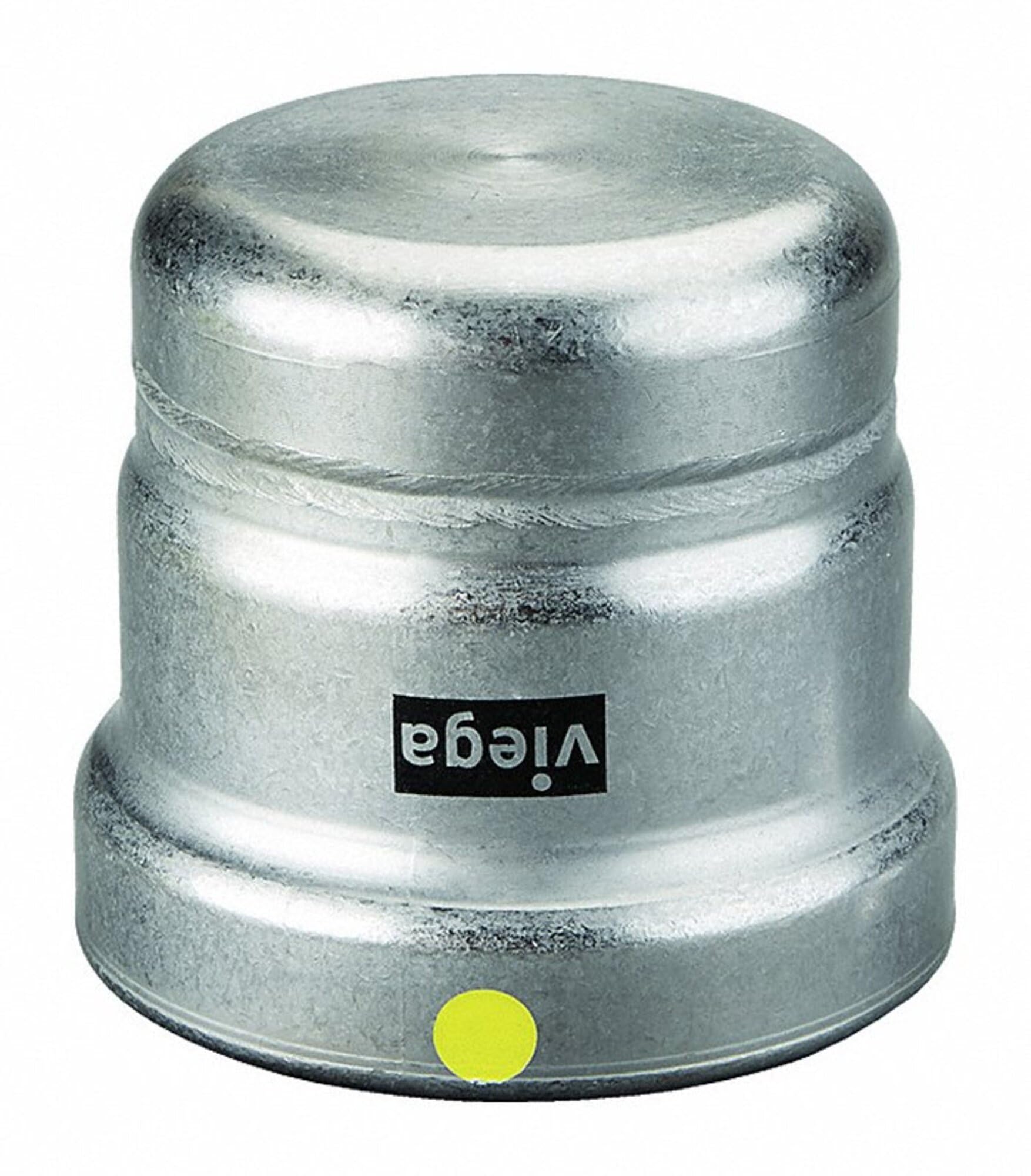 Silver zinc-nickel coated press end cap with rounded dome top, Viega brand label, and yellow indicator dot.
