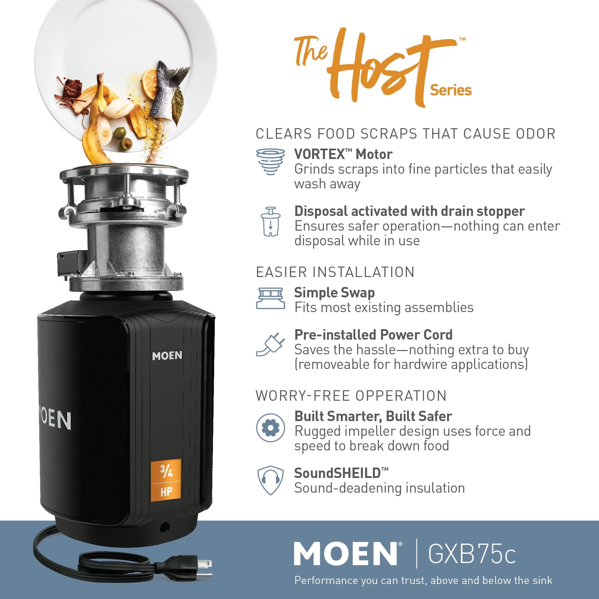 Black Moen garbage disposal unit with attached power cord and metal sink flange assembly shown above.