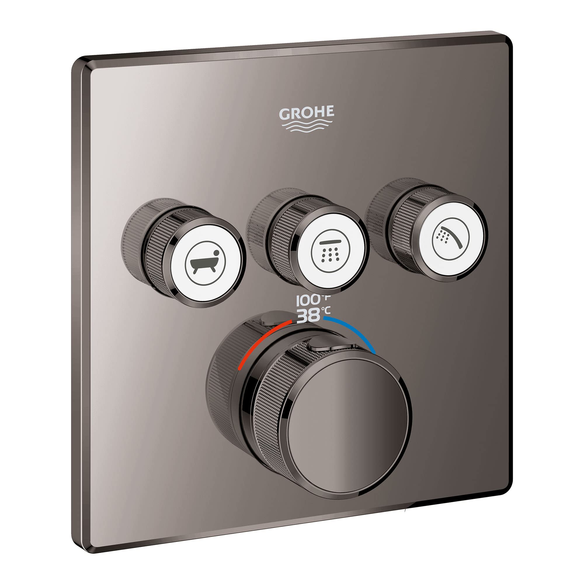 Grohe thermostatic valve trim in dark graphite with three function buttons and central temperature control dial displaying 38
