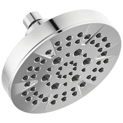 Chrome shower head with round face featuring multiple spray holes arranged in curved sections, connected to angled arm mount.