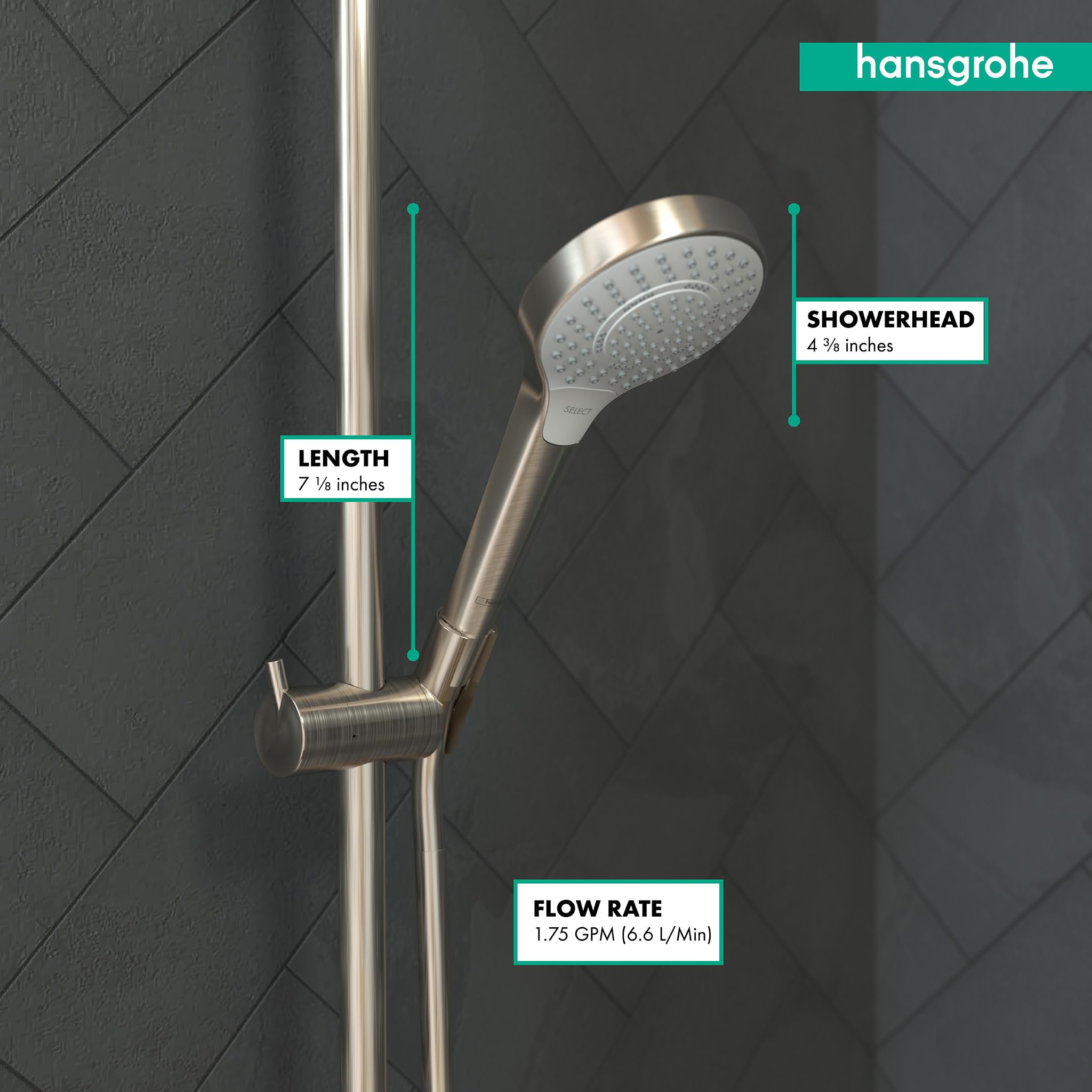 Brushed nickel handshower with 4 5/8-inch head mounted on vertical rail against dark tile wall.
