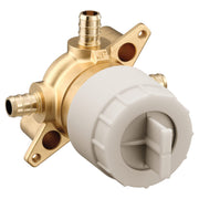 Brass 3-port shower mixing valve with PEX crimp ring connections and white trim ring cartridge.