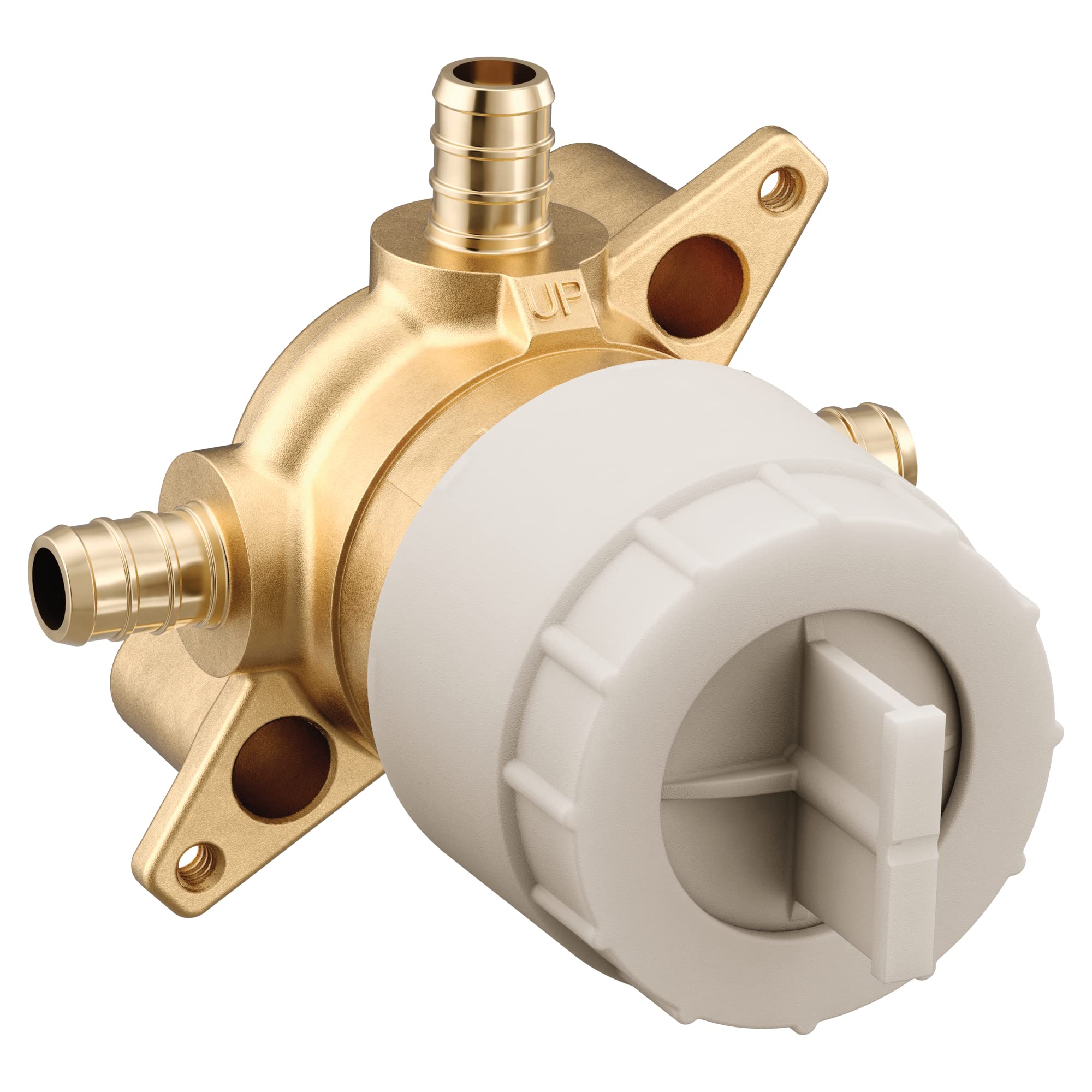 Brass 3-port shower mixing valve with PEX crimp ring connections and white trim ring cartridge.