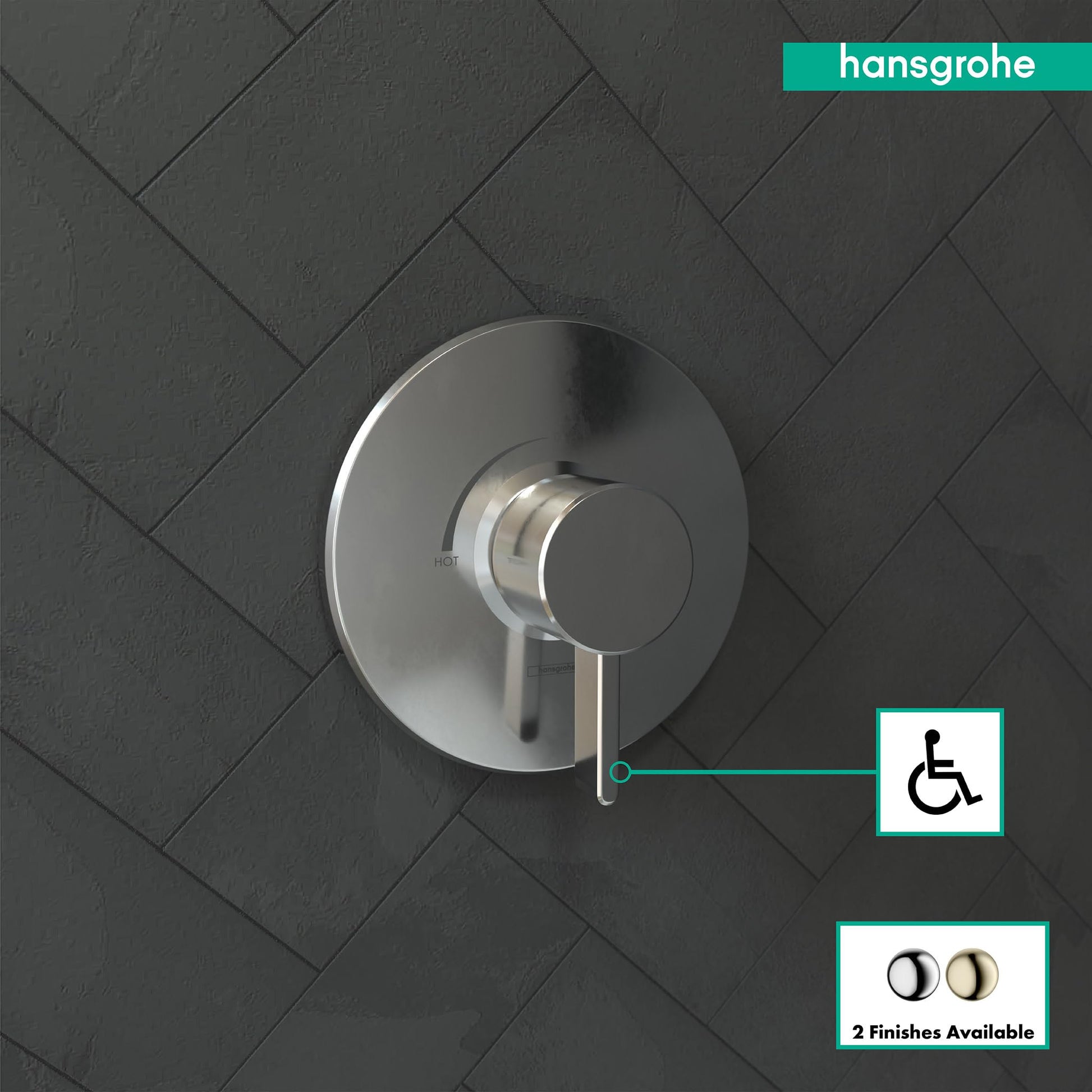 Chrome pressure balance shower valve trim with circular escutcheon plate and lever handle mounted on herringbone tile wall.