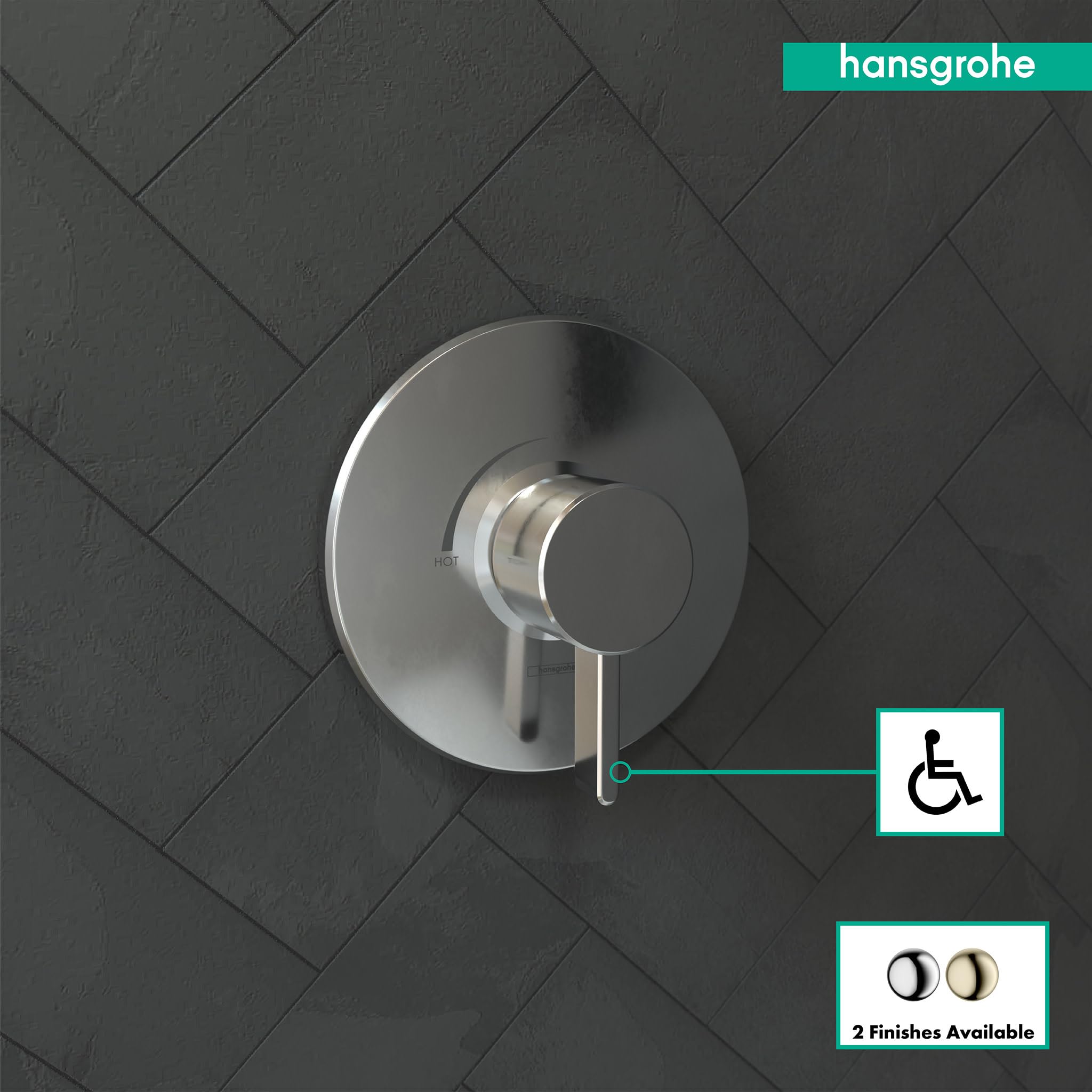 Chrome pressure balance shower valve trim with circular escutcheon plate and lever handle mounted on herringbone tile wall.