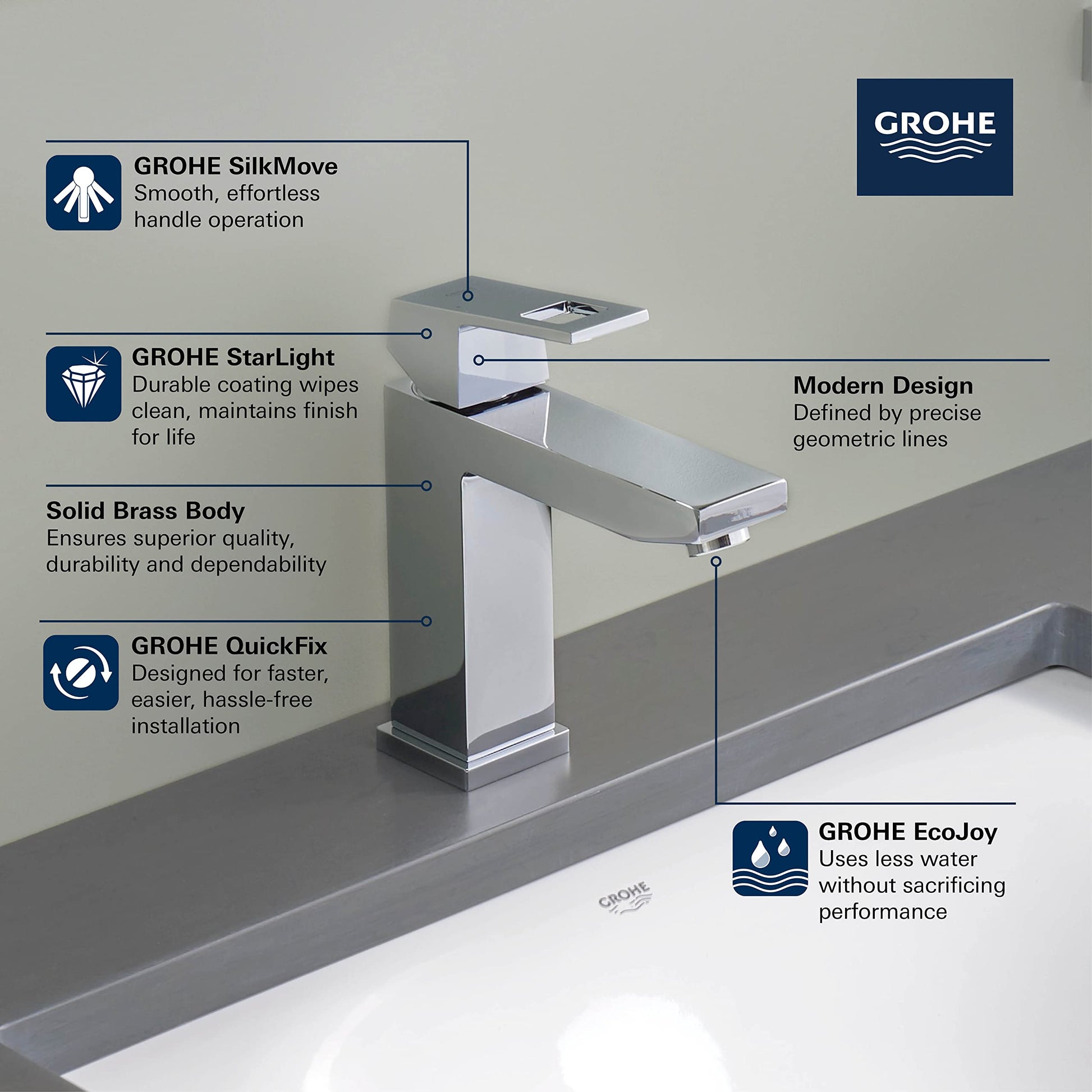 Brushed cool sunrise single-handle bathroom faucet with geometric square design mounted on sink counter.