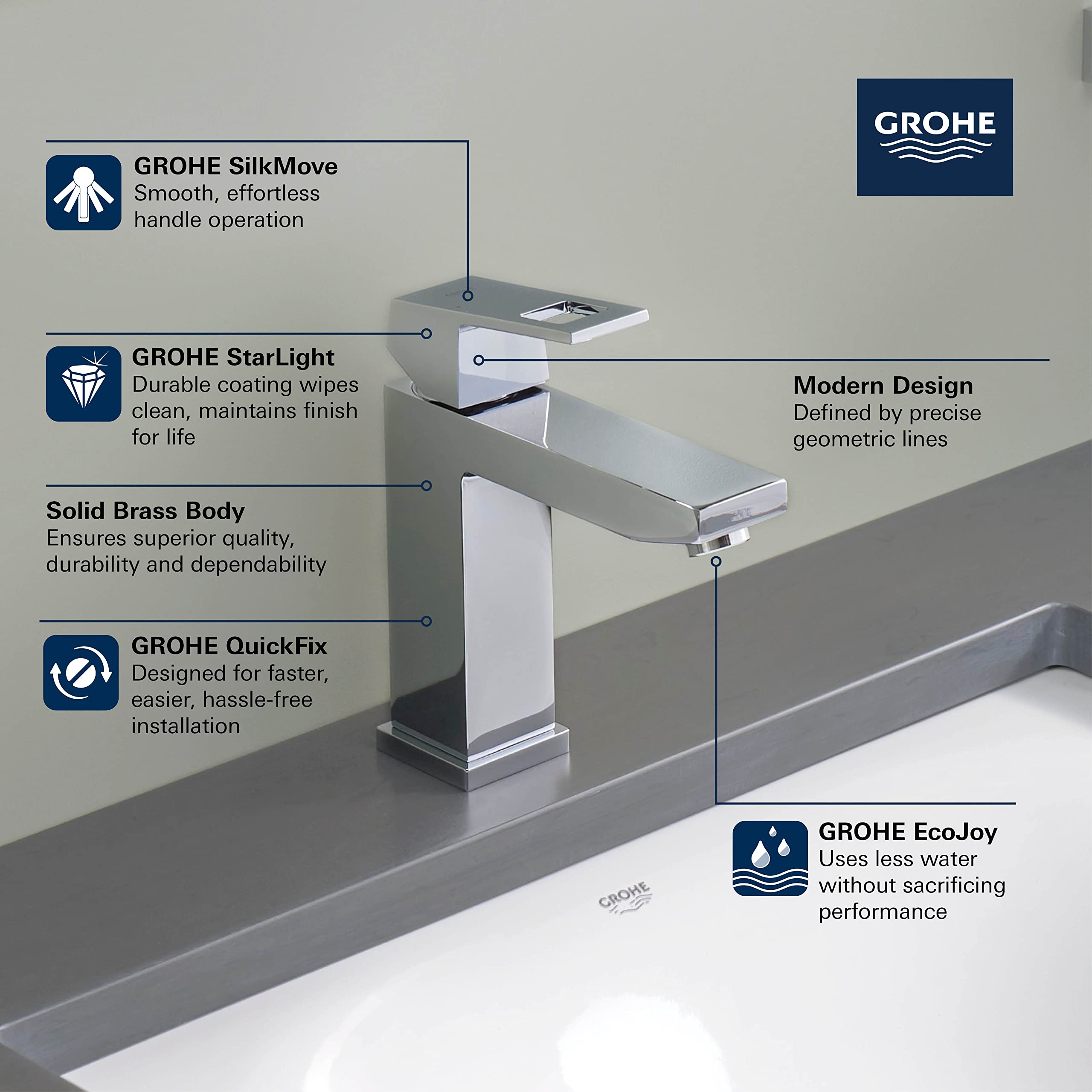 Brushed cool sunrise single-handle bathroom faucet with geometric square design mounted on sink counter.