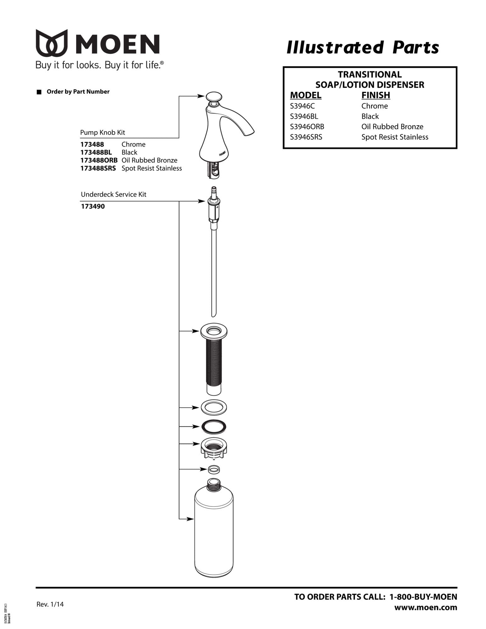 Oil rubbed bronze kitchen soap dispenser with pump knob and refillable bottle, shown with component parts diagram.