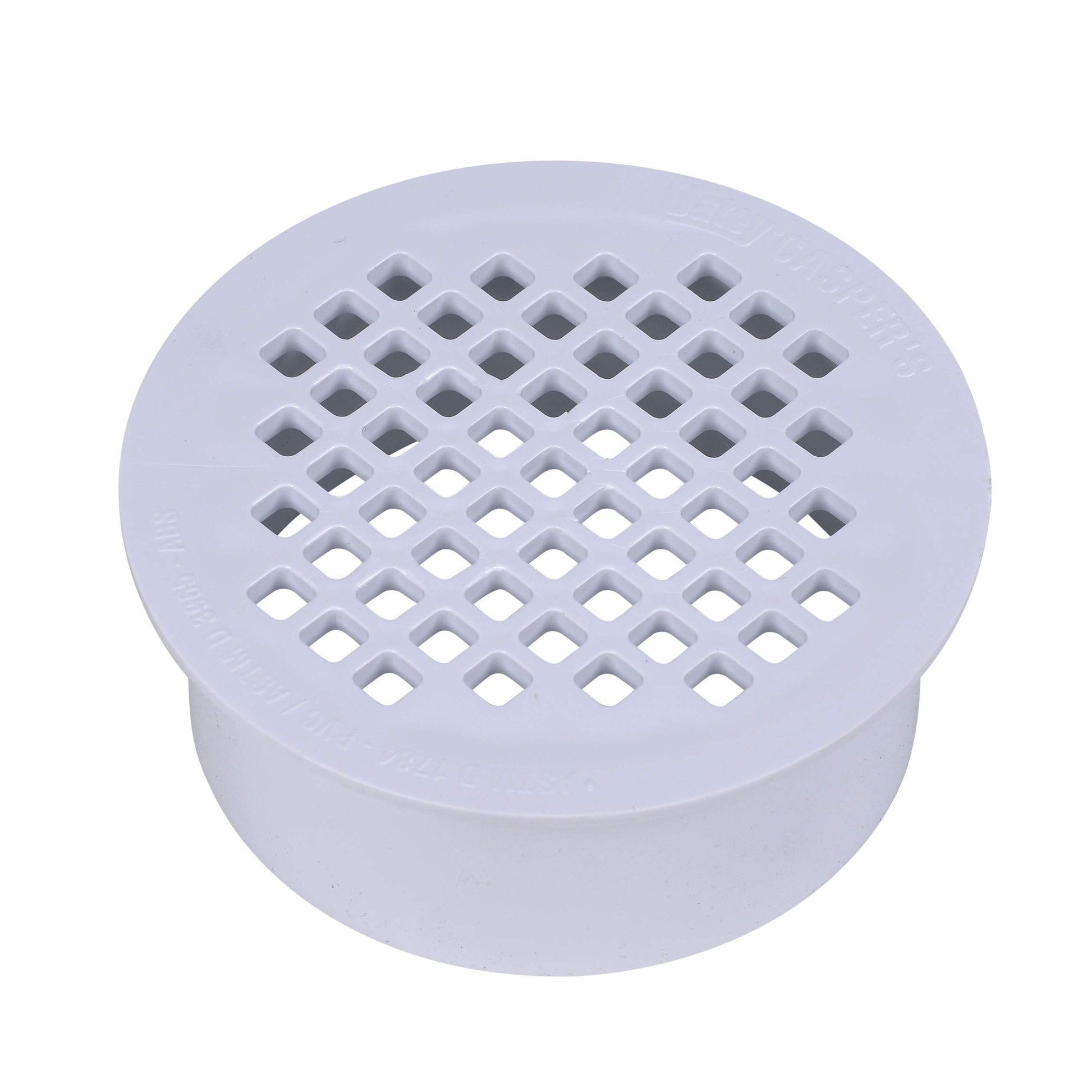 White PVC floor drain with perforated strainer top and cylindrical base.