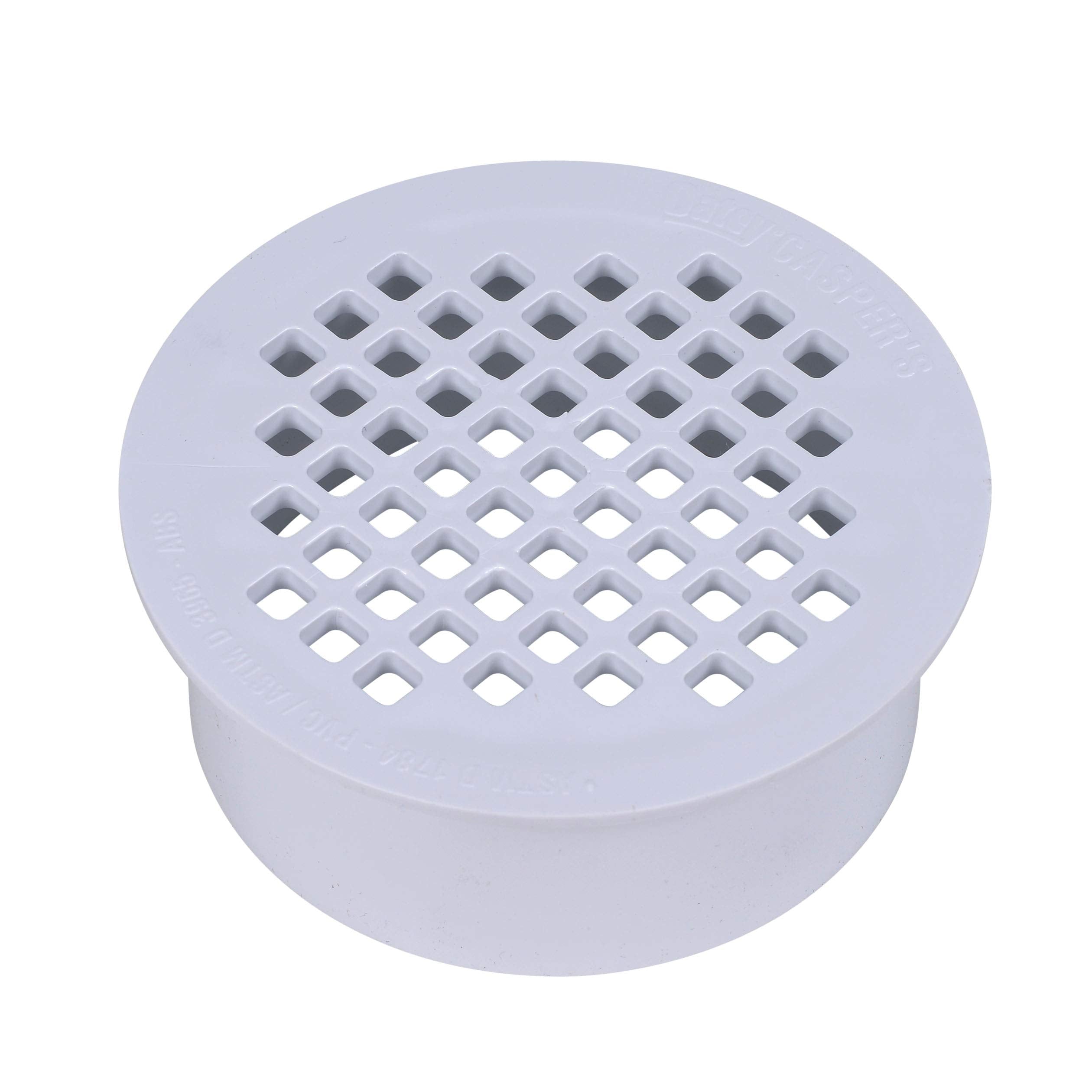 White PVC floor drain with perforated strainer top and cylindrical base.