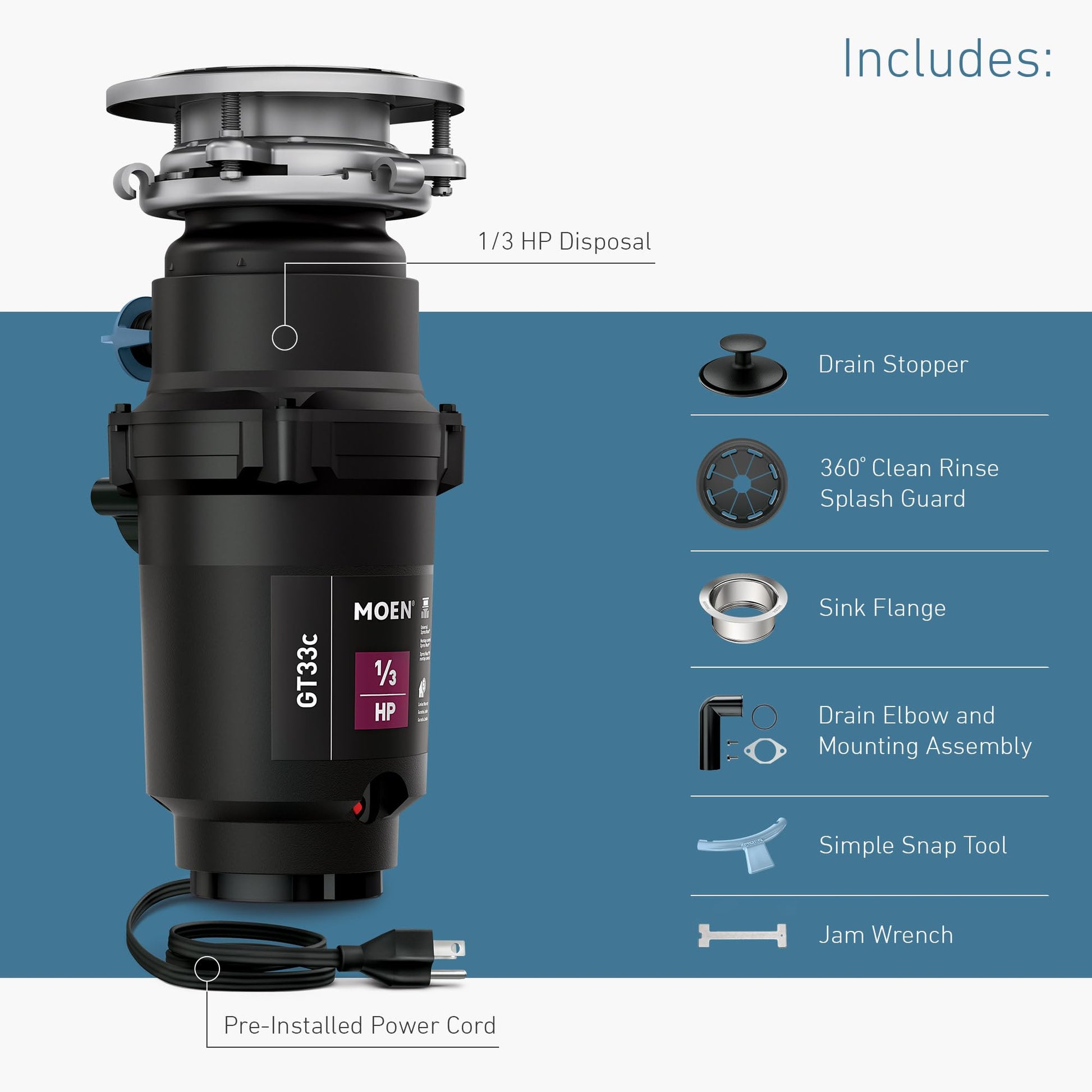 Moen GT33C 1/3 HP garbage disposal unit in black with pre-installed power cord and included accessories.