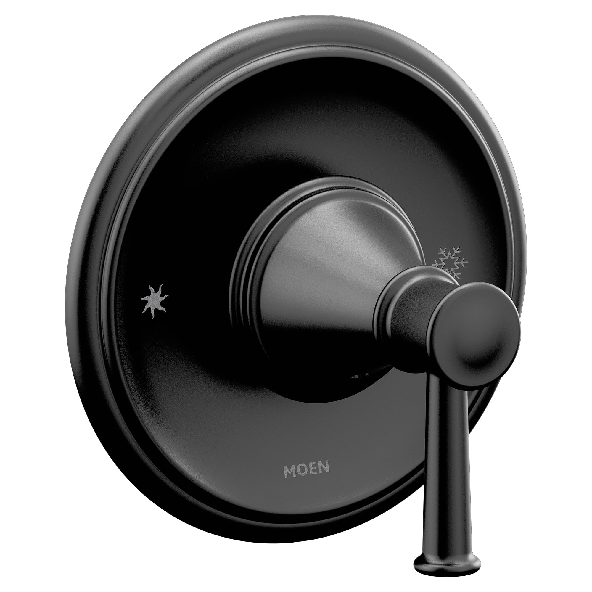 Moen Belfield matte black single-handle shower valve trim with round escutcheon and lever handle.