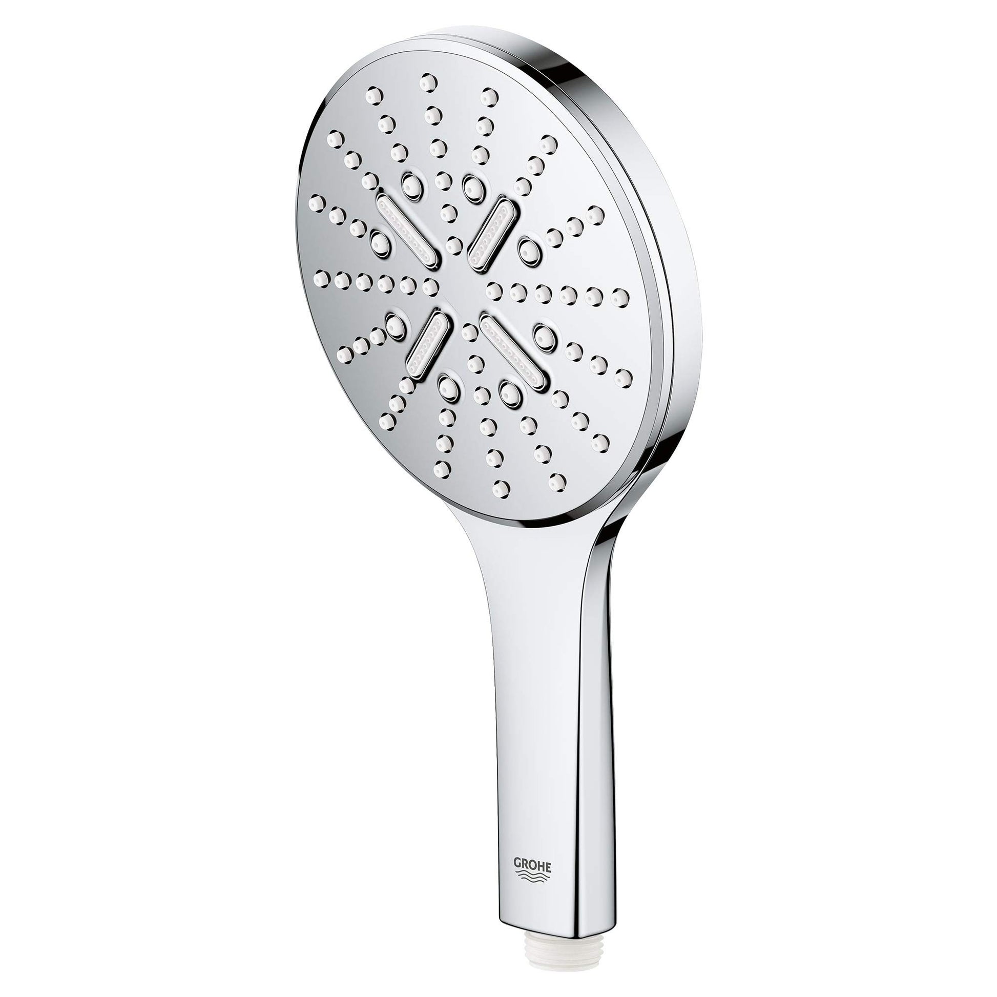 Chrome hand shower with circular perforated head and white handle grip.