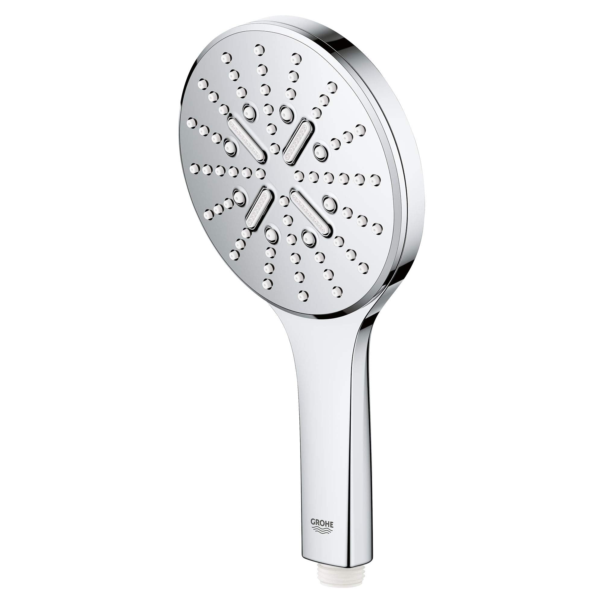 Chrome hand shower with circular perforated head and white handle grip.