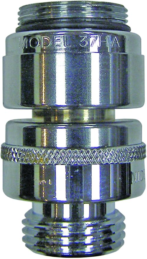 Brass hose adapter with threaded male connection on bottom and female outlet on top, marked "MODEL 37HA".