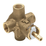 Brass rough-in valve with three threaded ports, internal cartridge, and adjustment screw visible.