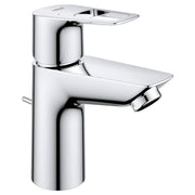 Chrome single-handle bathroom faucet with curved spout and cylindrical body in polished finish.