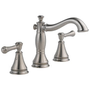 Brushed nickel two-handle widespread bathroom faucet with curved spout and lever handles on round bases.