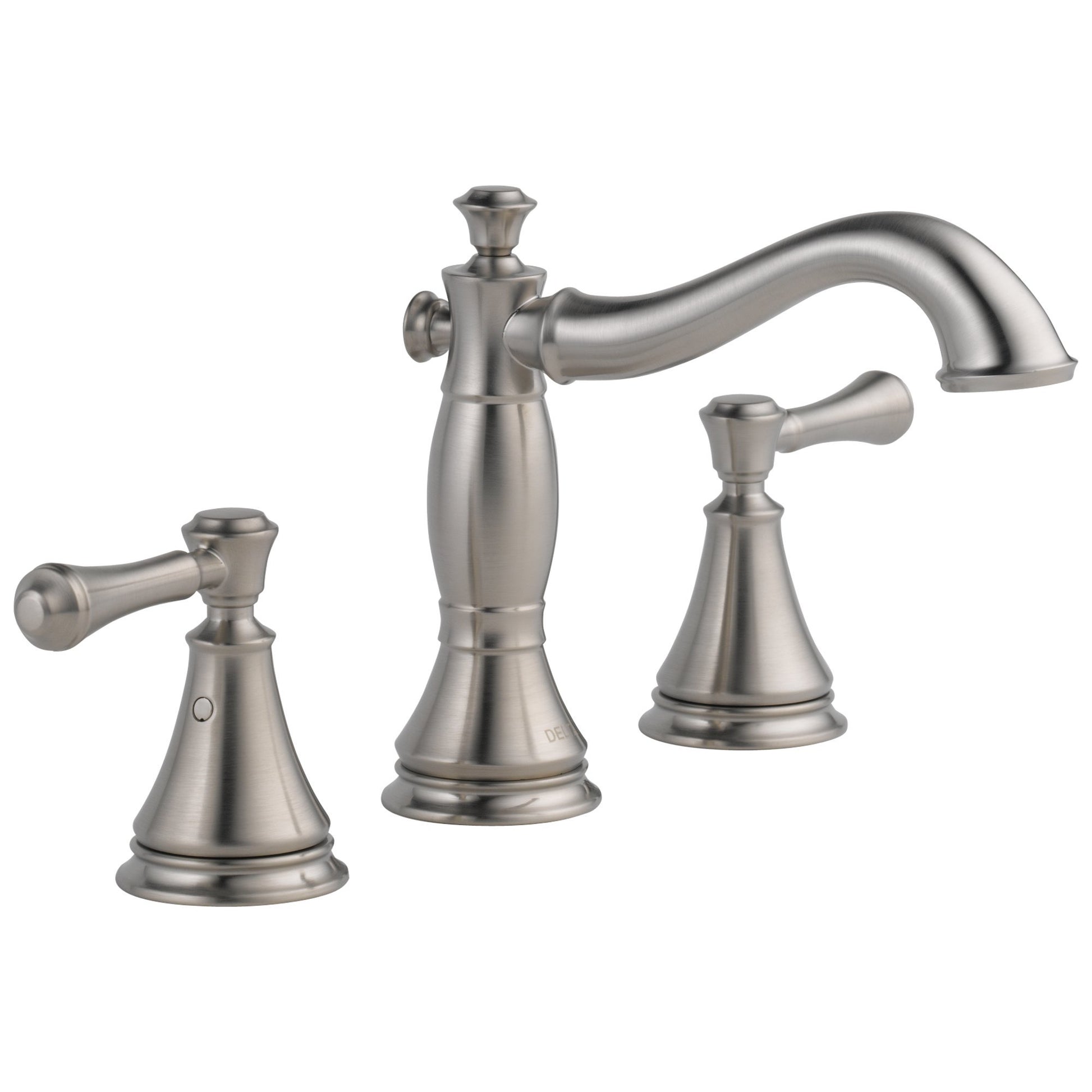 Brushed nickel two-handle widespread bathroom faucet with curved spout and lever handles on round bases.