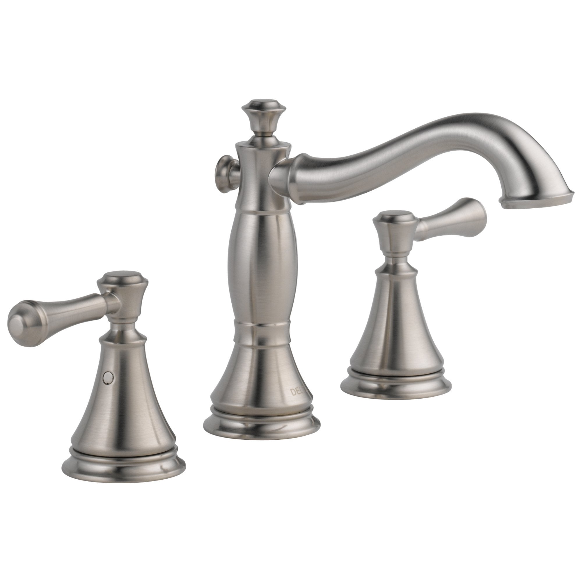 Brushed nickel two-handle widespread bathroom faucet with curved spout and lever handles on round bases.