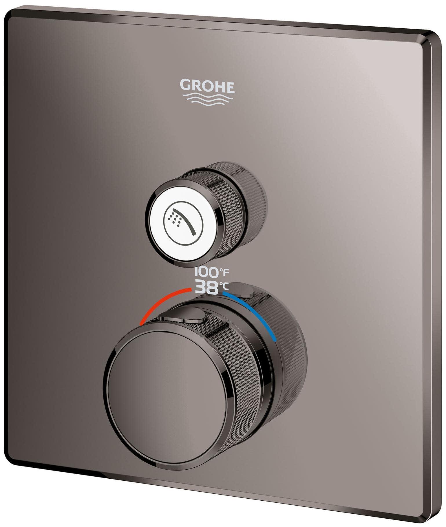 Matte black Grohe thermostatic valve trim with upper function button and lower temperature control dial displaying 100°F/38°C