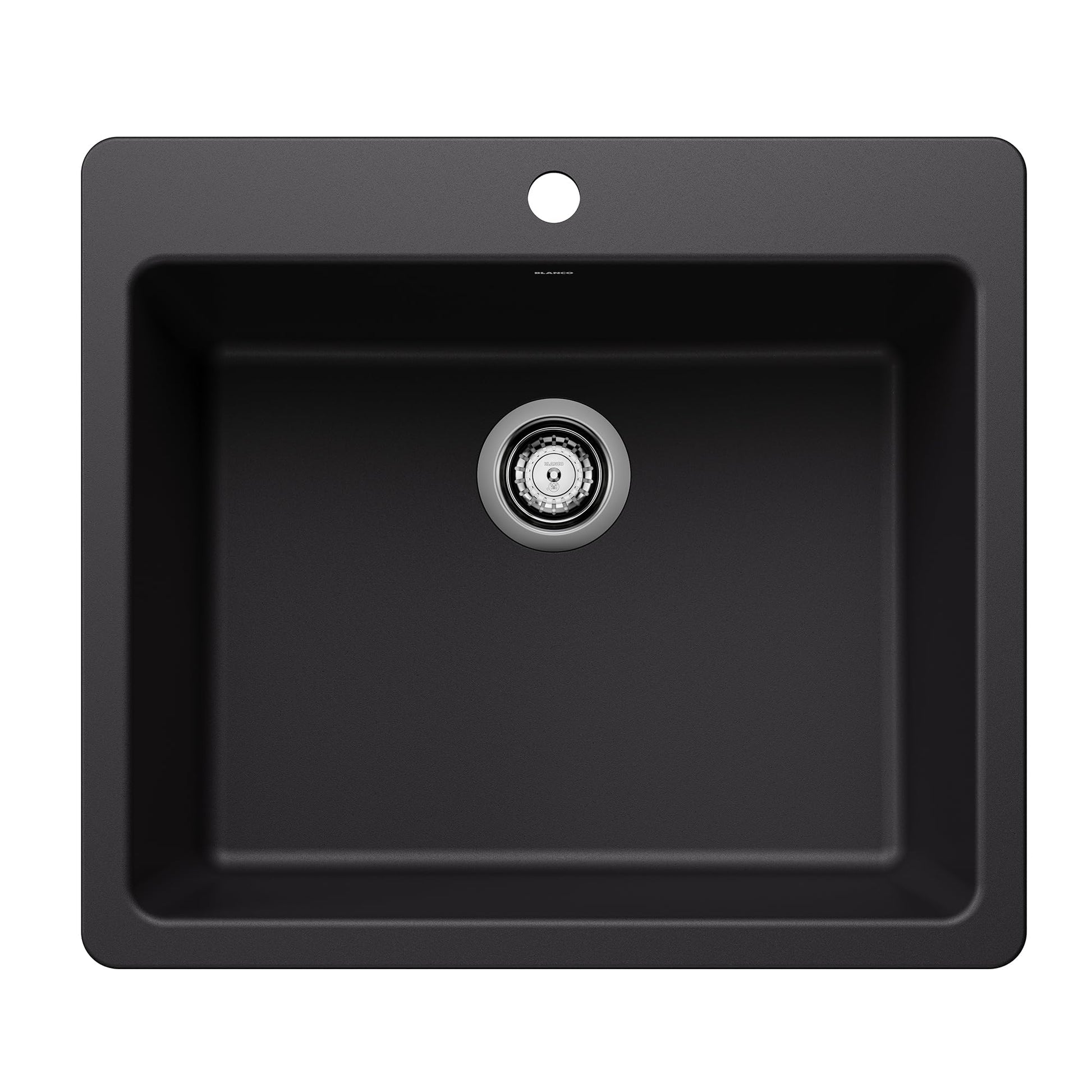 Coal black single-bowl kitchen sink with chrome drain fixture and rounded corners, viewed from above.