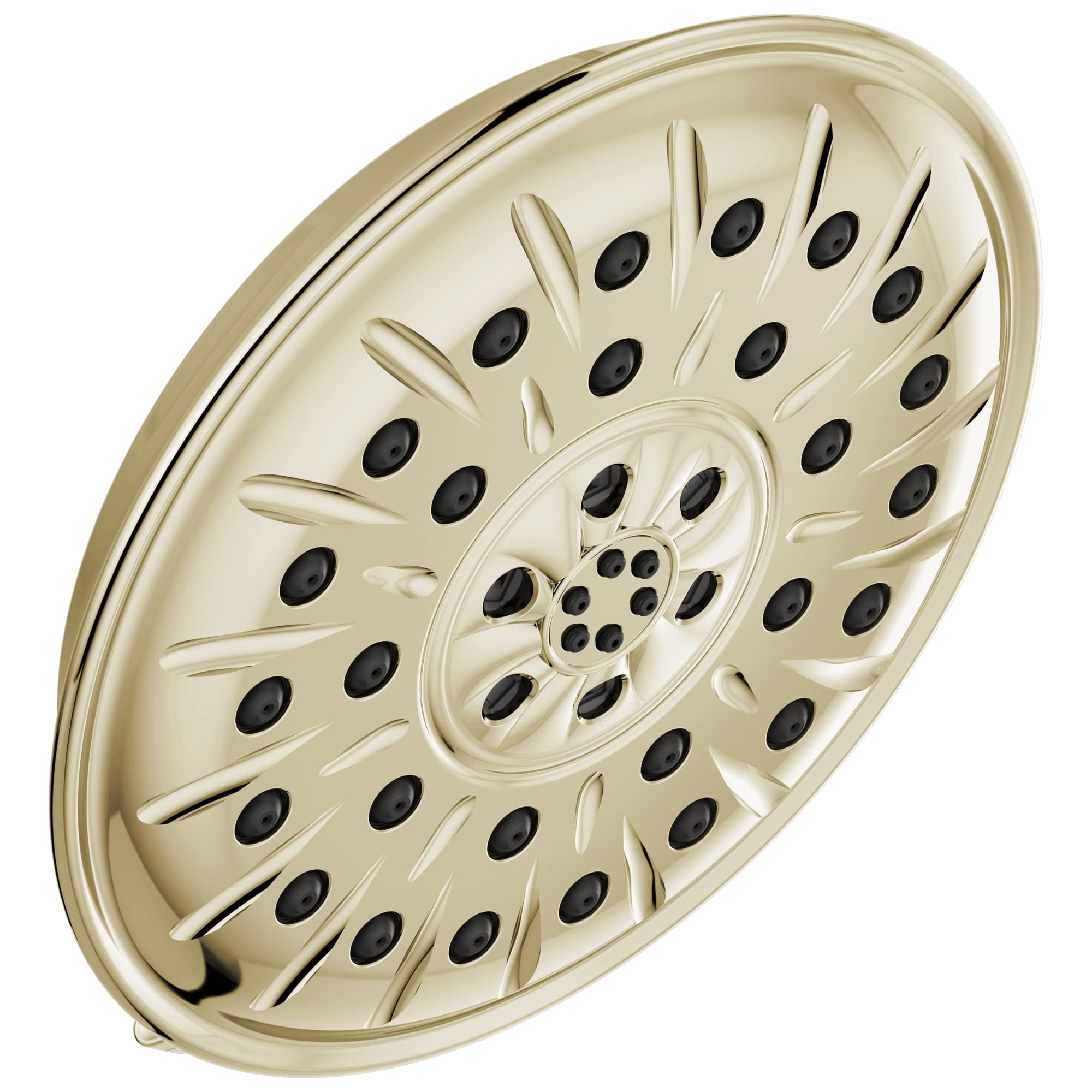 Champagne-colored round shower head with multiple black nozzles arranged in circular pattern and center detail.