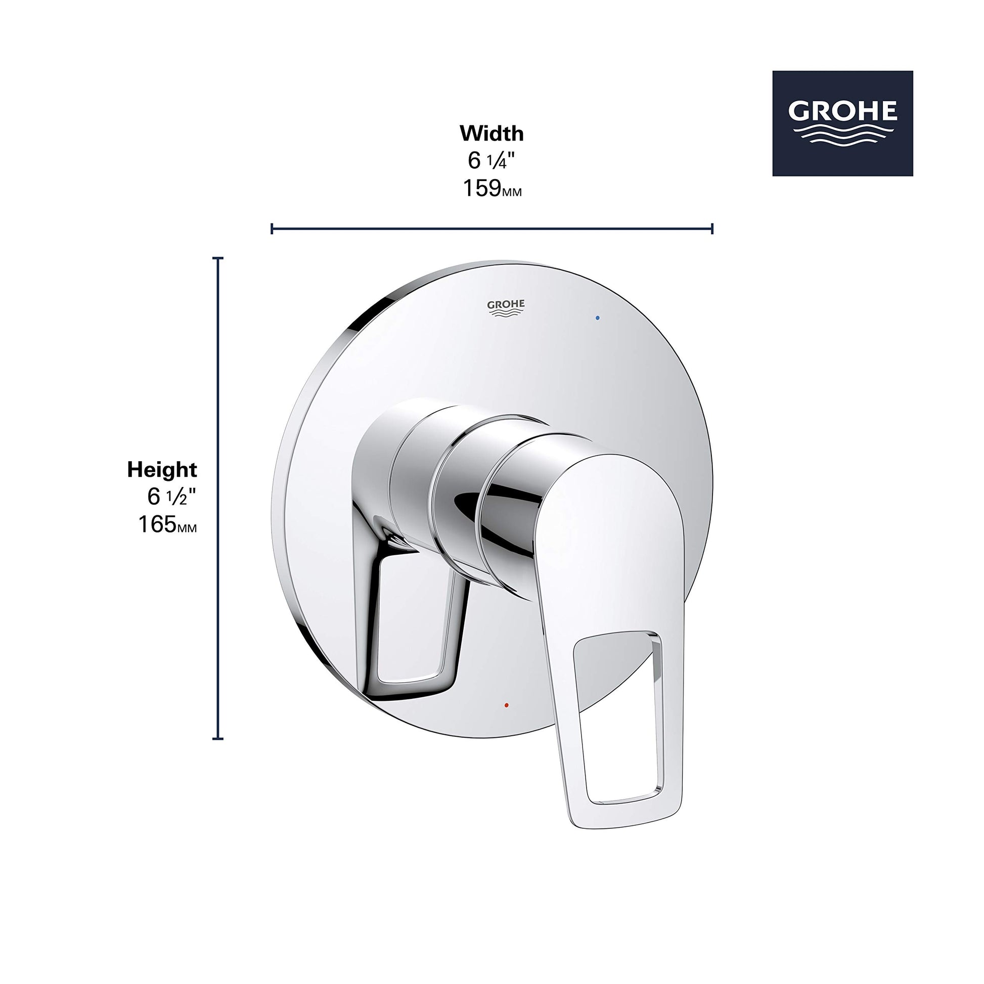 Grohe Bauloop chrome pressure balance valve trim with cartridge and rectangular lever handle, 6.25" wide and 6.5" tall.