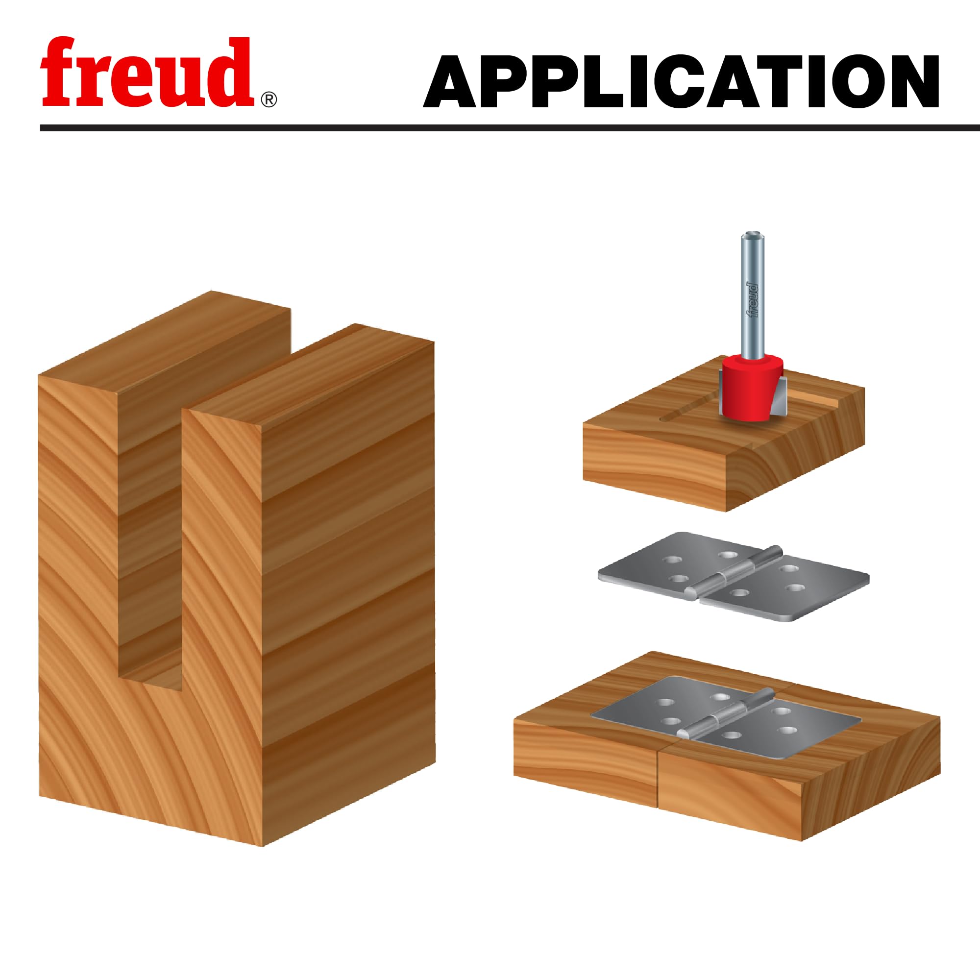 Freud router bit set application diagram showing wood joinery and mortise techniques with wooden blocks and metal inserts.