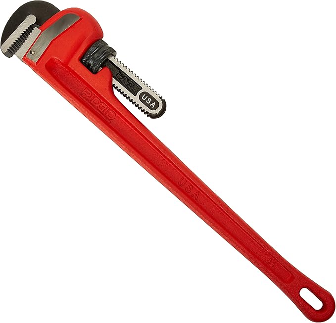 Red pipe wrench with adjustable jaw and black handle grip, 24 inches long.