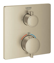 Grohe brushed nickel thermostatic valve trim with two round handles and temperature gauge displaying 38°C to 100°F.