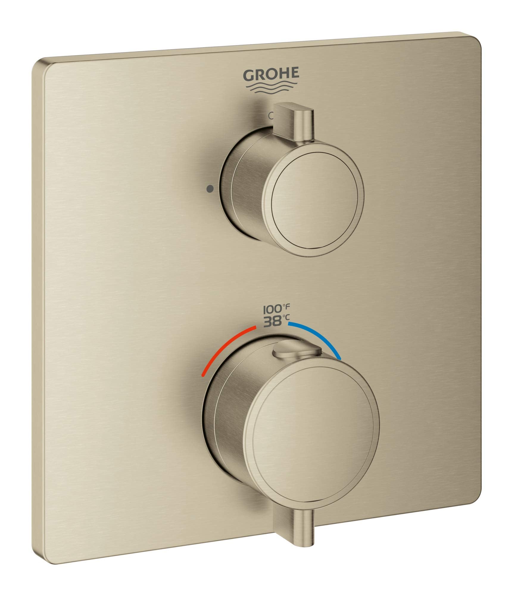 Grohe brushed nickel thermostatic valve trim with two round handles and temperature gauge displaying 38°C to 100°F.