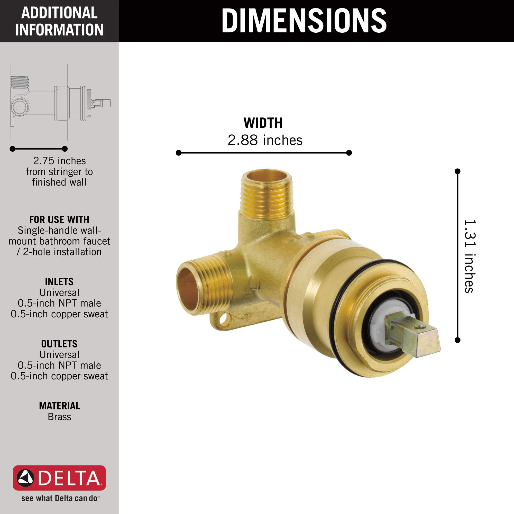 Brass wall-mount rough-in valve with single handle mechanism and NPT male connections, measuring 2.88 inches wide by 1.31 inc