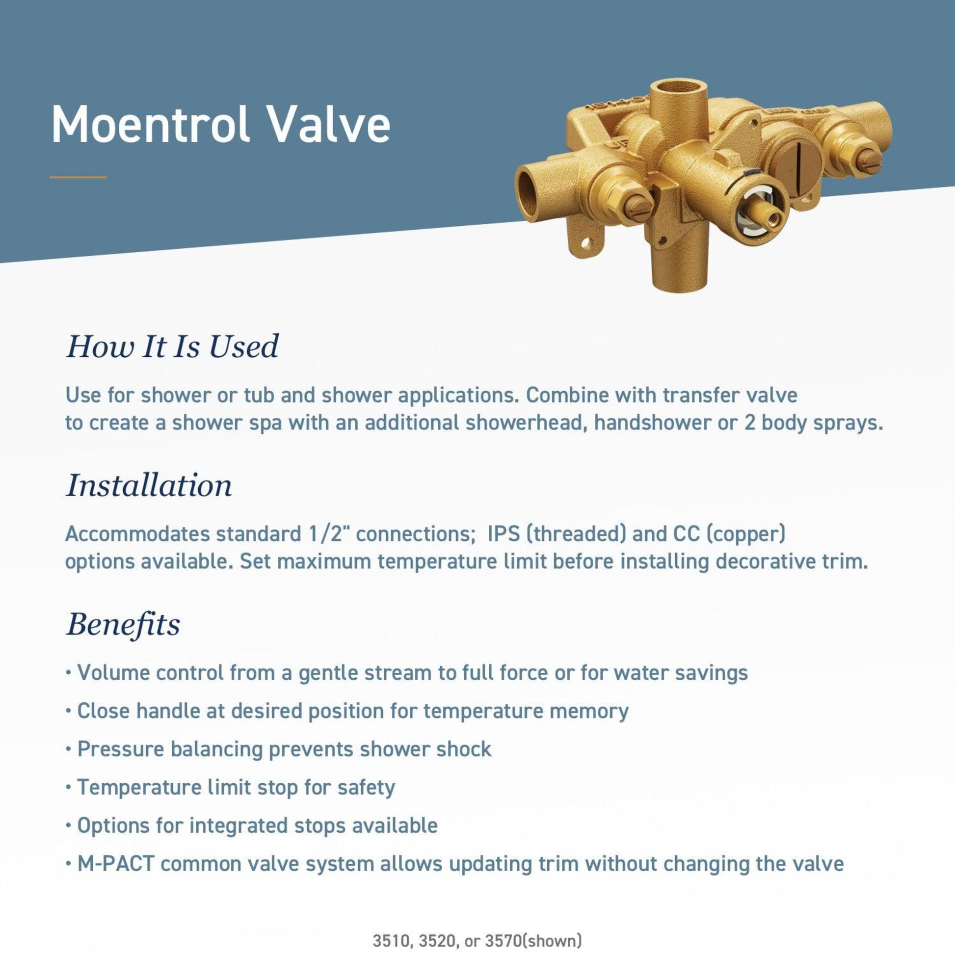 Brass Moentrol valve body with multiple ports and mounting brackets for shower or tub applications.