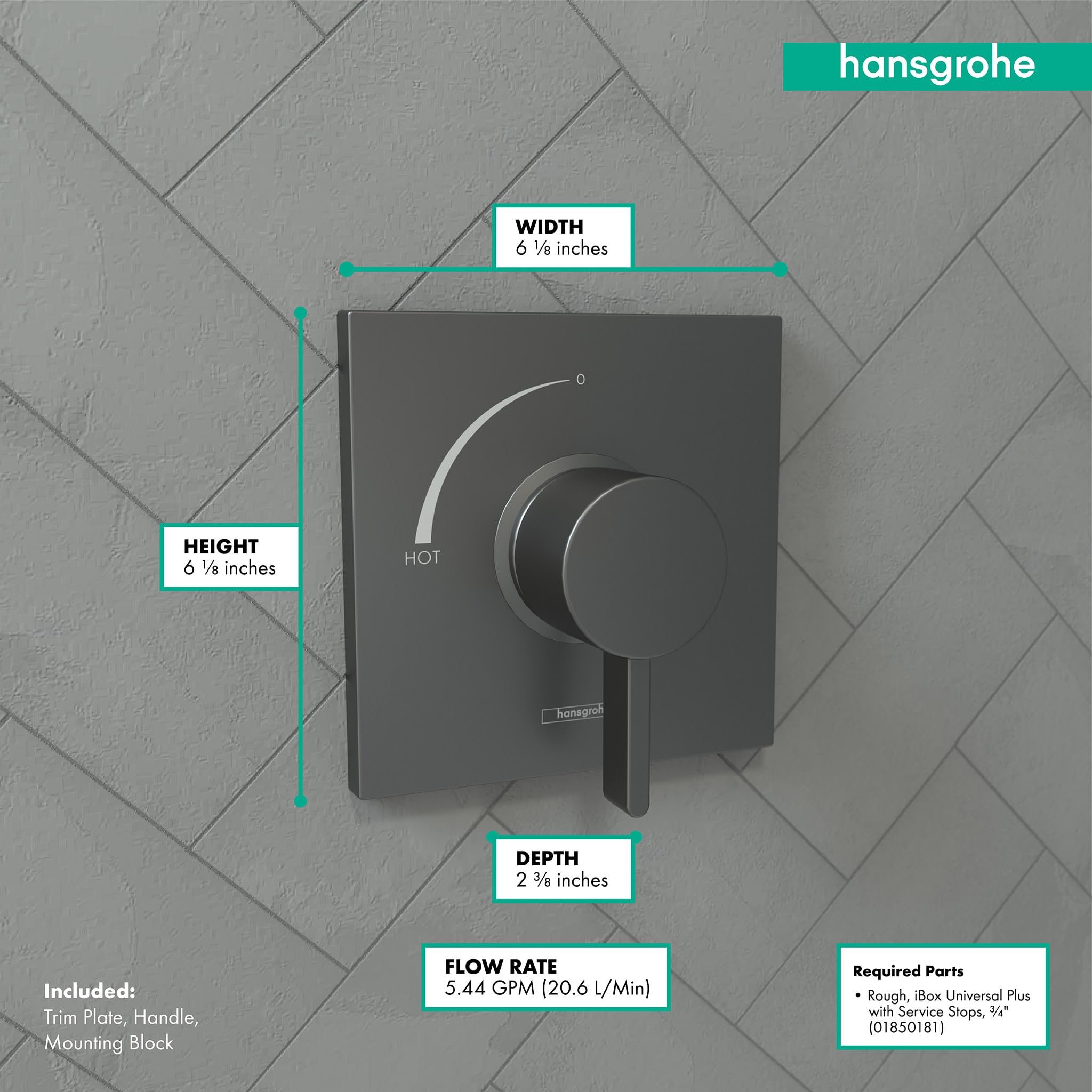 Brushed black chrome square pressure balance trim with circular handle and temperature indicator on herringbone tile backgrou