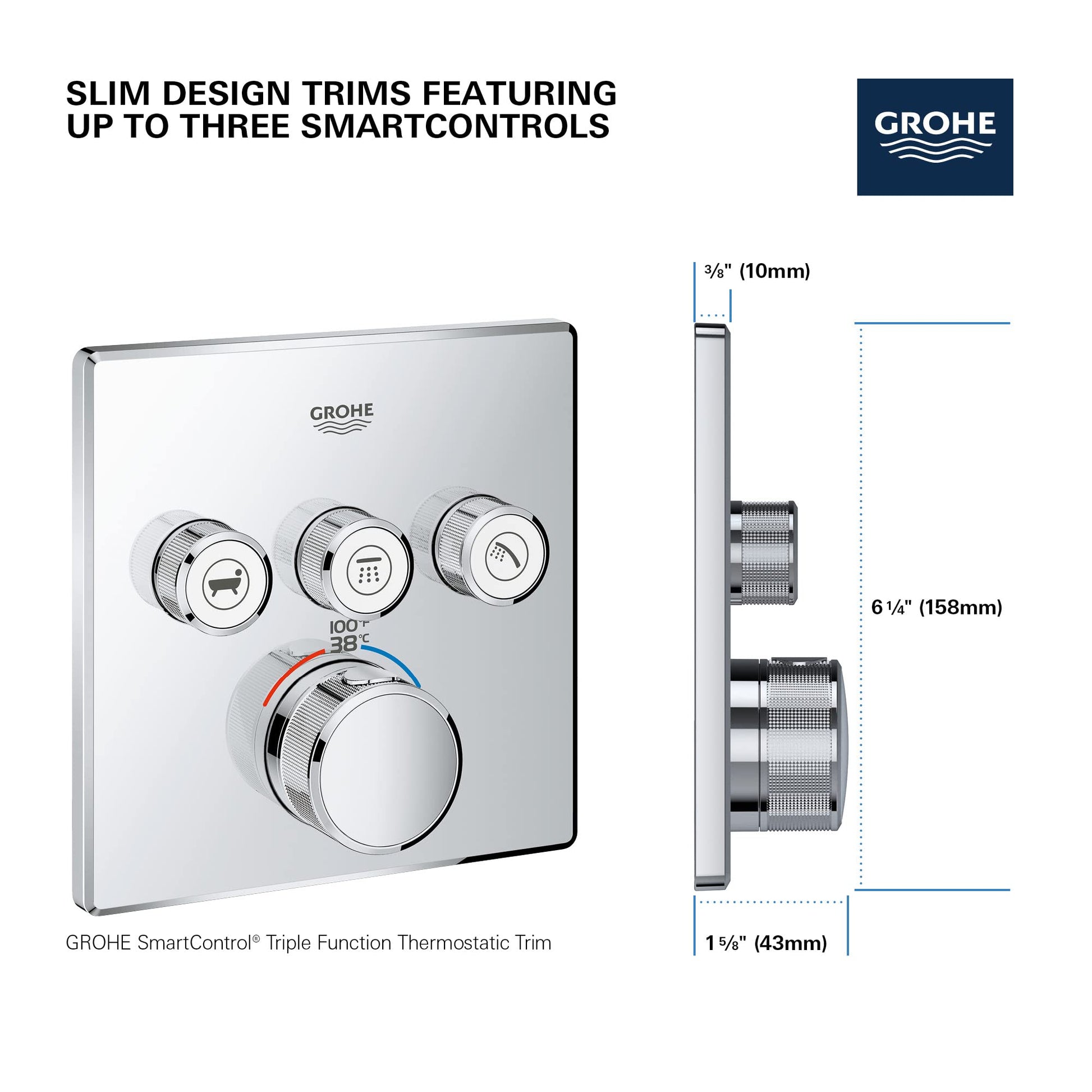 Grohe thermostatic valve trim with hard graphite finish, featuring three control buttons above a central dial with temperatur
