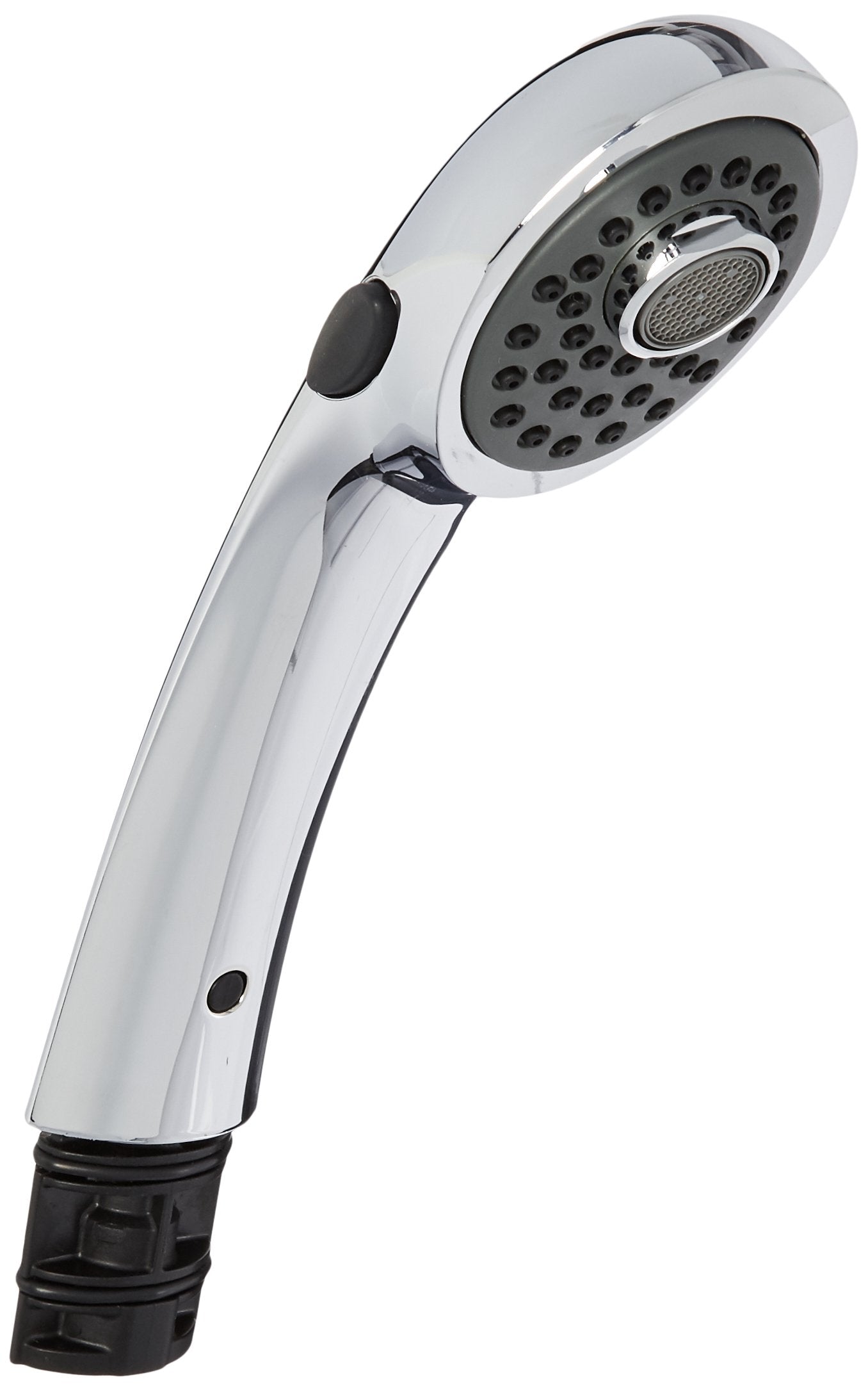 Chrome pull-out shower wand with white handle, black grip button, and multi-spray showerhead with perforated face.