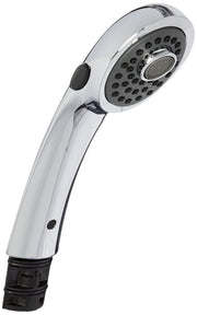 Chrome pull-out shower wand with white handle, black grip button, and multi-spray showerhead with perforated face.