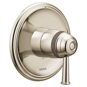 Polished nickel thermostatic shower valve trim with round escutcheon plate and single lever handle.