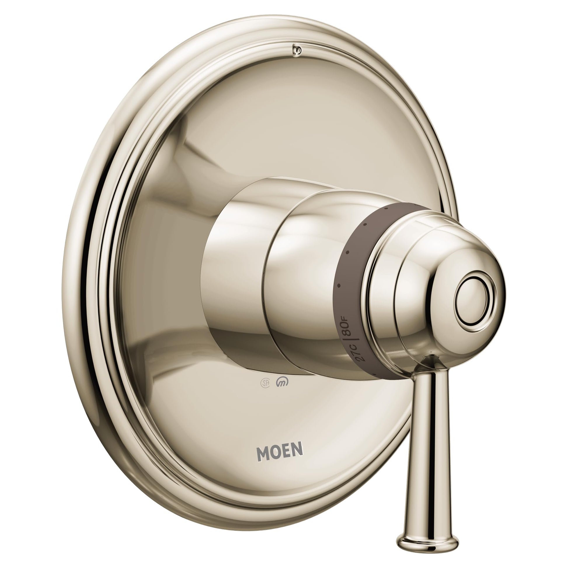 Polished nickel thermostatic shower valve trim with round escutcheon plate and single lever handle.