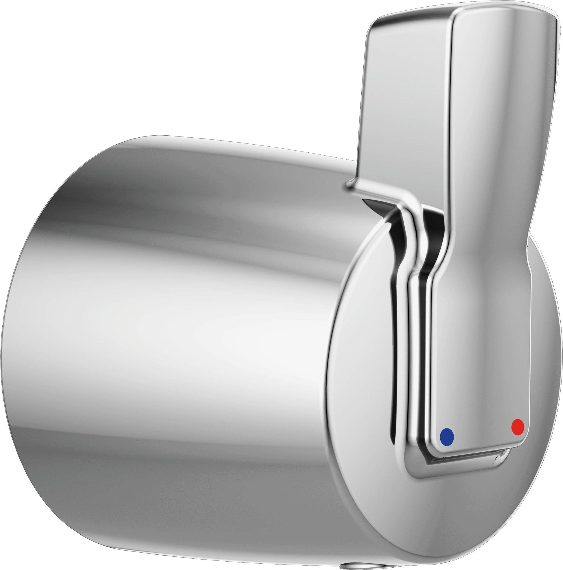 Chrome finish integrated diverter lever with blue and red indicator dots for water temperature control.